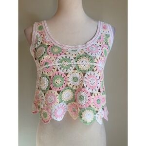 Crochet Granny Crop Top Pink Green Pastel m boho fairy cottage festival y2k